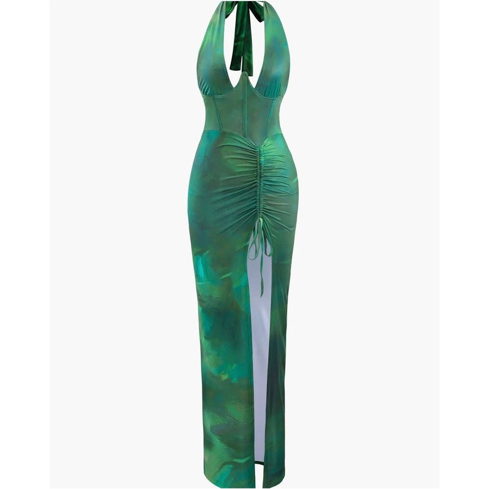 Micas Green Halter Maxi Dress Ruched Slit Bodycon Party Cocktail Evening XL - Picture 6 of 8